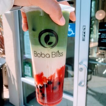 Boba Bliss - Strawberry matcha latte with oat milk (free substitutions). Don't forget to shake! - Bubble Tea Near Me - Mountain View, California