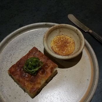 Nonesuch - Course 8. Foccacia with Soft Scrambled Eggs and Black Garlic. - New American Near Me - Oklahoma City, Oklahoma Nonesuch - Course 8. Foccacia with Soft Scrambled Eggs and Black Garlic. - New American Near Me - Oklahoma City, Oklahoma