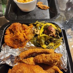 Fried Catfish, Sweet Potatoes, Greens, Mac n Cheese , Chicken Wing