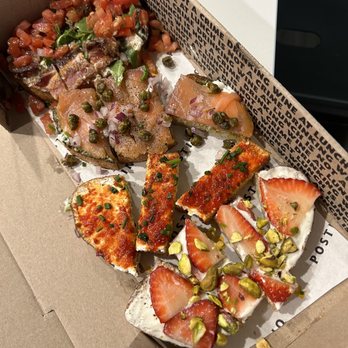 Postino Annex - From Left to Right: bacon, salmon, pepper jam, cheesecake BRUSCHETTA ( CHOOSE 4 ) - Wine Bars Near Me - Tempe, Arizona Postino Annex - From Left to Right: bacon, salmon, pepper jam, cheesecake BRUSCHETTA ( CHOOSE 4 ) - Wine Bars Near Me - Tempe, Arizona