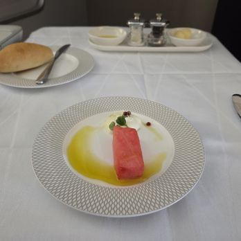 British Airways - BA284 SFO-LHR - First Class, Watermelon Amuse Bouche - Airlines Near Me - San Francisco, California British Airways - BA284 SFO-LHR - First Class, Watermelon Amuse Bouche - Airlines Near Me - San Francisco, California