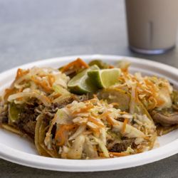 Comelones Tacos - Carnitas tacos with cortido and Horchata