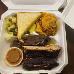 Delvin's Restaurant & Catering - 2 meat plate ribs/chicken, greens and sweet potato casserole