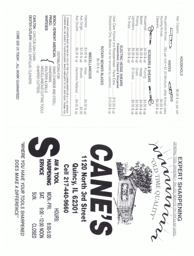 CANE’S SHARPENING SERVICE Updated October 2024 1120 N 3rd St
