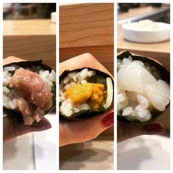 Daigo Handroll Bar - Toro left uni middle and scallop right - Sushi Bars Near Me - Brooklyn, New York Daigo Handroll Bar - Toro left uni middle and scallop right - Sushi Bars Near Me - Brooklyn, New York