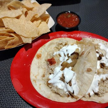 The Garage - Chicken Fajita Tacos with salsa and chips! - Burgers Near Me - Del City, Oklahoma