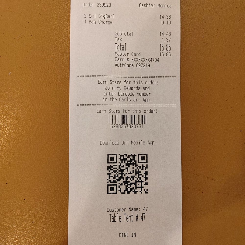 Carl's Jr - Receipt - Fast Food Near Me - Los Angeles, California
