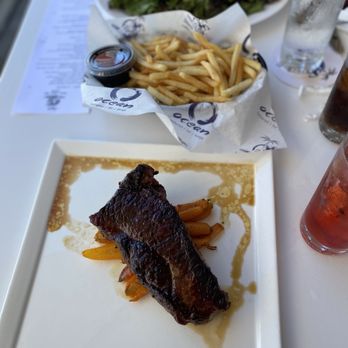 Ocean - NY strip with carrots and fries substituted for garlic mashed potatoes. Sloppy presentation. - Seafood Near Me - Bayville, New York