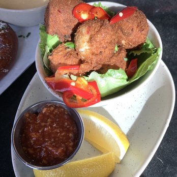Daredevil Hall - Crab hush puppies with cocktail sauce! - Burgers Near Me - Indianapolis, Indiana