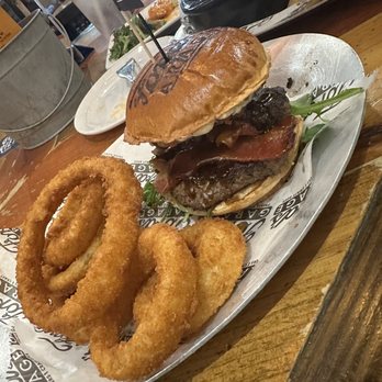 Ford's Garage - Side Onion Rings And burbon bacon burger - Burgers Near Me - Brandon, Florida Ford's Garage - Side Onion Rings And burbon bacon burger - Burgers Near Me - Brandon, Florida