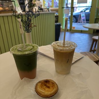 Pairing - Matcha and guava latte with a iced latte and a egg tart - Coffee & Tea Near Me - Brooklyn, New York
