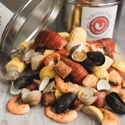 Outer Banks Boil Company - The Maine-lander!  Lobster, shrimp, clams, mussels, andouille sausage, onion, sweet corn and buttery red bliss potatoes