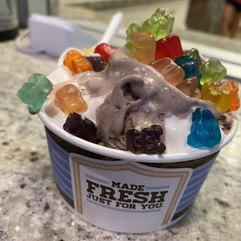Abbott's Frozen Custard - half vanilla half chocolate in cup with gummy bears - Ice Cream & Frozen Yogurt Near Me - Needham, Massachusetts