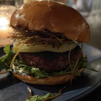 Manuela - DineLA 2026: Venison Burger, Brioche, Pickled Green Tomato, Crisp Leeks, Roasted Garlic Aioli - New American Near Me - Los Angeles, California Manuela - DineLA 2026: Venison Burger, Brioche, Pickled Green Tomato, Crisp Leeks, Roasted Garlic Aioli - New American Near Me - Los Angeles, California