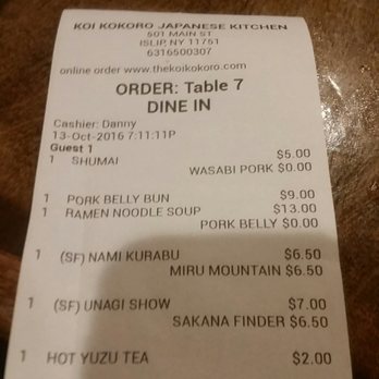 koiKOKORO - Dinner. For two sans alcohol plus an additional 2 buns . Not to bad for. Such good food. - Japanese Near Me - Islip, New York koiKOKORO - Dinner. For two sans alcohol plus an additional 2 buns . Not to bad for. Such good food. - Japanese Near Me - Islip, New York