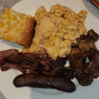 Pork Barrel BBQ - Combo platter with brisket, burnt ends, Texas sausage, mac n cheese, coleslaw, and cornbread - Barbeque Near Me - Alexandria, Virginia Pork Barrel BBQ - Combo platter with brisket, burnt ends, Texas sausage, mac n cheese, coleslaw, and cornbread - Barbeque Near Me - Alexandria, Virginia