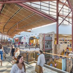 FlatIron Crossing - Shoppers walking through a bright, two-level mall corridor with stores, restaurants and escalators.