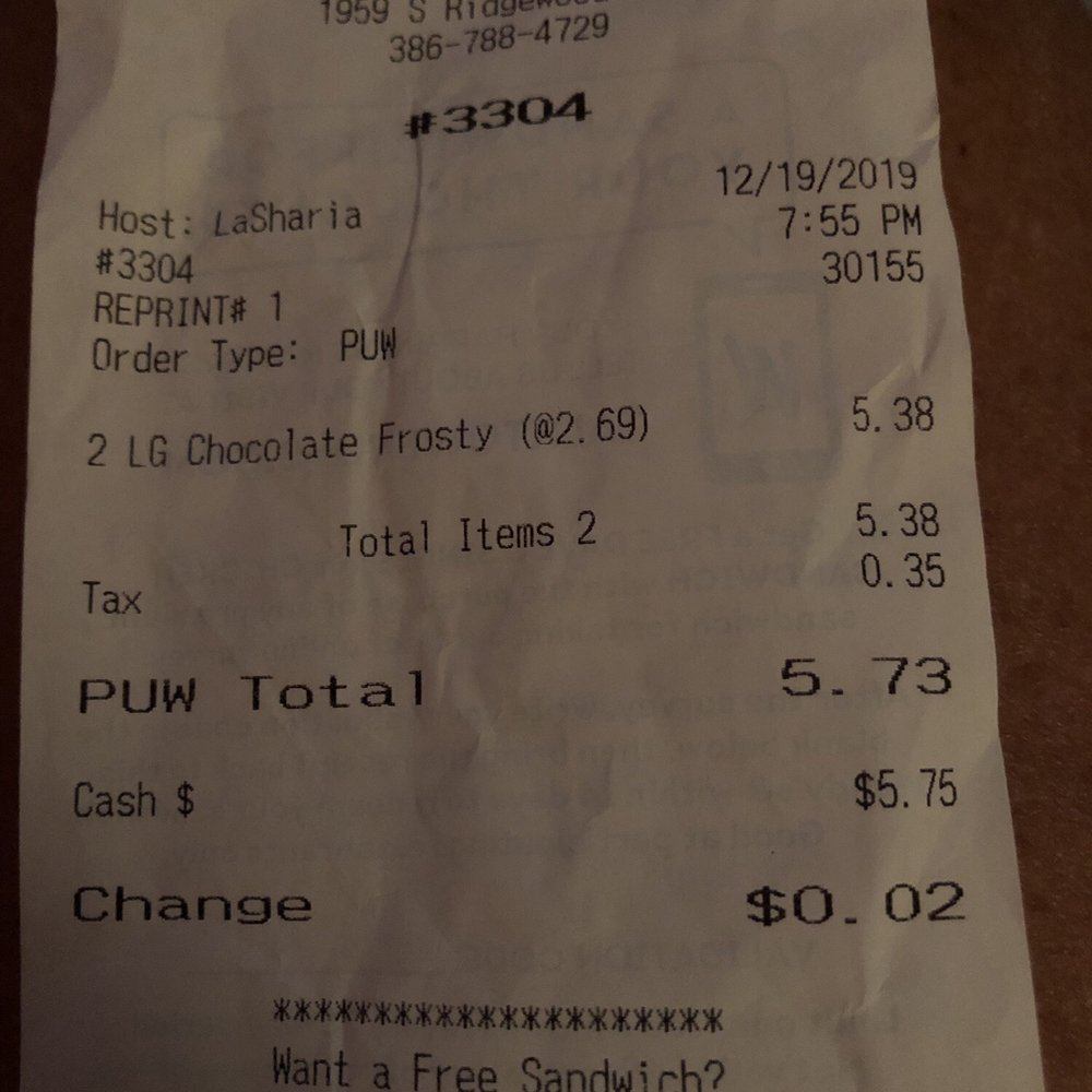 Wendy's - the receipt for the restaurant - Burgers Near Me - South Daytona, Florida Wendy's - the receipt for the restaurant - Burgers Near Me - South Daytona, Florida