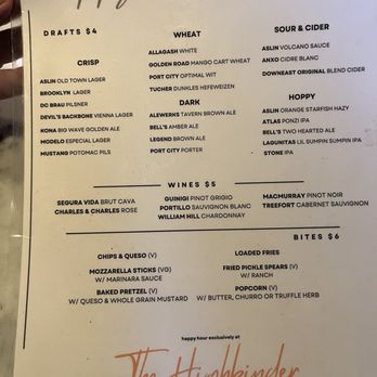 The Highbinder - Happy hour menu - The menu displays happy hour options available Monday to Friday from 4 PM to 7 PM at The Highbinder in Washington, DC. It includes sections for drafts at $4, wines at $5, and bites at $6. Draft beers include options like Aslin Old Town Lager and Modelo Especial Lager. Wines include selections such as Segura Vida Brut Cava and William Hill Chardonnay. Bites include loaded fries, fried pickle spears, and popcorn, with vegetarian and vegan options noted. The menu emphasizes a variety of beverages and snacks offered exclusively during happy hour. - Beer Bar Near Me - Washington, DC, District of Columbia