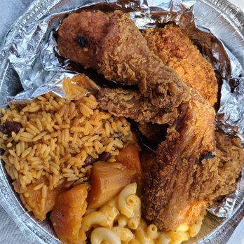 Sandra's Next Generation - Church plate - Cajun dark, baked Mac and cheese, candied yams, Caribbean rice and fried plantains - Soul Food Near Me - New Haven, Connecticut
