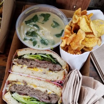 Dad's Luncheonette - Thai corn chowder , hamburger sandwich and moms herb chips - New American Near Me - Half Moon Bay, California Dad's Luncheonette - Thai corn chowder , hamburger sandwich and moms herb chips - New American Near Me - Half Moon Bay, California