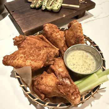 Toga - Wings ($7)-- chili dry rub, dill ranch dressing. Nicely cooked and juicy but definitely a bit spicy! - French Near Me - Houston, Texas Toga - Wings ($7)-- chili dry rub, dill ranch dressing. Nicely cooked and juicy but definitely a bit spicy! - French Near Me - Houston, Texas