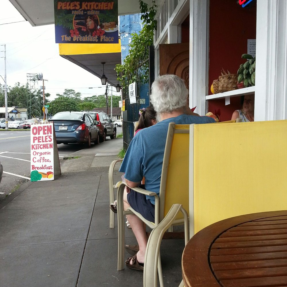 Pele's Kitchen - Two tables in fron of restaurant. I sat at the closest one. - Breakfast & Brunch Near Me - Pahoa, Hawaii