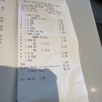 White Castle - Receipt - Burgers Near Me - Scottsdale, Arizona White Castle - Receipt - Burgers Near Me - Scottsdale, Arizona