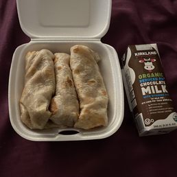 Mini bean and cheese burritos and chocolate milk Mini bean and cheese burritos and chocolate milk