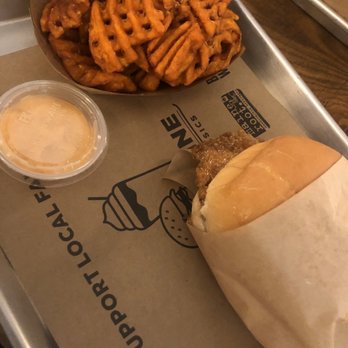Creamline - Chicken sandwich and sweet potato fries - Burgers Near Me - New York, New York Creamline - Chicken sandwich and sweet potato fries - Burgers Near Me - New York, New York