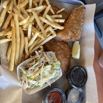 Orchards Bbq and Grill - Fish &chips w side of cole slaw  and  three individual sauces :ketchup, tartar sauce snd malt vinegar. - Barbeque Near Me - Whittier, California