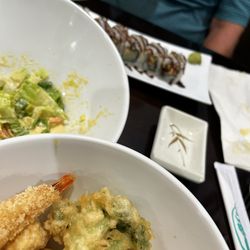 Tempura, healthy salad, eel roll