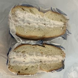 Plain bagel with strawberry schmear Plain bagel with strawberry schmear
