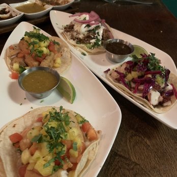 Mexcal - Tacos!! Here you see mahi mahi ( fried) in the front and octopus and short rib to the back. - Mexican Near Me - Reno, Nevada Mexcal - Tacos!! Here you see mahi mahi ( fried) in the front and octopus and short rib to the back. - Mexican Near Me - Reno, Nevada