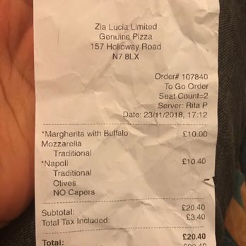 Zia Lucia - Receipt. - Pizza Near Me - London, XGL Zia Lucia - Receipt. - Pizza Near Me - London, XGL