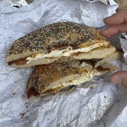 Bacon egg cheddar on FLAT everything bagel