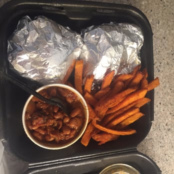 Commonwealth BBQ - Double platter with sweet potato fries and cowboy beans. - Barbeque Near Me - Wrentham, Massachusetts