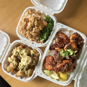 Little Aloha - From top, clockwise: tofu poke (half order), garlic shrimp (full order), hurricane tots - Hawaiian Near Me - San Francisco, California Little Aloha - From top, clockwise: tofu poke (half order), garlic shrimp (full order), hurricane tots - Hawaiian Near Me - San Francisco, California