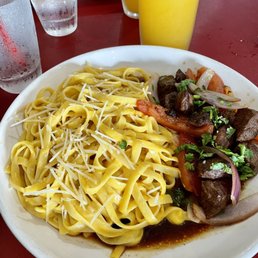 Tallarin a la Huancaina which was a Peruvian style pasta with beef and passion fruit juice Tallarin a la Huancaina which was a Peruvian style pasta with beef and passion fruit juice
