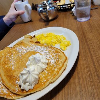 Stacked - Pancake with home fries a d scrambled eggs - Breakfast & Brunch Near Me - Scarborough, Ontario