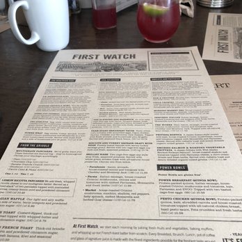 First Watch - The menu with a pomegranate sunrise on the side. The pomegranate sunrise is good - Breakfast & Brunch Near Me - Jacksonville, Florida First Watch - The menu with a pomegranate sunrise on the side. The pomegranate sunrise is good - Breakfast & Brunch Near Me - Jacksonville, Florida