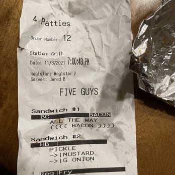 Five Guys - Receipt with order specifications - Burgers Near Me - Fairview Heights, Illinois