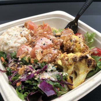 Bul Box - BYOB - salad base, salmon, curried-flowers (very tasty), kale salad, potato salad with Yum and Sesame sauce. - Salad Near Me - Morrisville, North Carolina