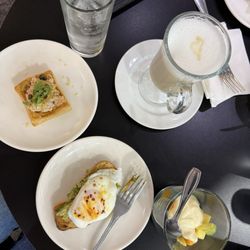 HSBC premier Lounge - Salmon mousse, avocado toast, fruit cup, cappuccino