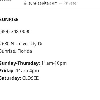 Sunrise Pita & Grill - Incorrect hours on their website - they close 8 PM during the week - Middle Eastern Near Me - Sunrise, Florida