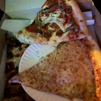 Stella's 24 Hour Eatery - Supreme and Plain Cheese Pizza Slice - Pizza Near Me - Jersey City, New Jersey
