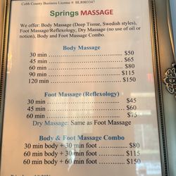Springs Massage - Massage options and Prices Call to book your appointment and for any questions you have pertaining to services.