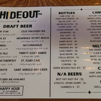 Hideout Pub - Bar menu - Pubs Near Me - Austin, Texas