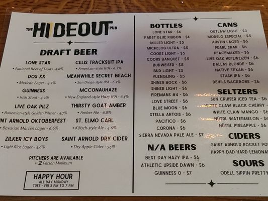Menu photo 2 Hideout Pub Austin, TX