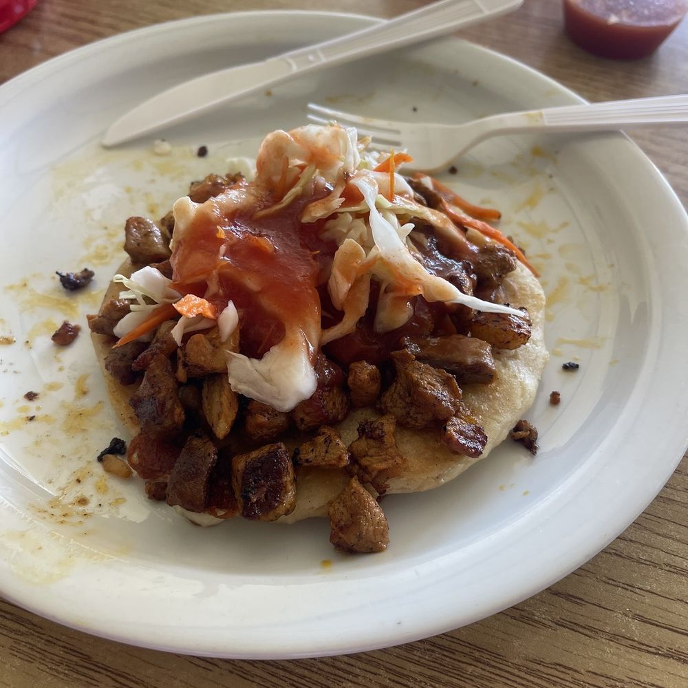 Cheese Pupusa with Pastor meat on top! Let me tell you! This is the way...